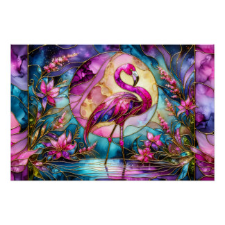 Pôster Flamingo Rosa Mosaico de Vidro Colorido