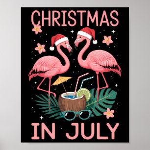 Poster Flamingo Rosa Natal Em Julho Com Chapéu De Papai N