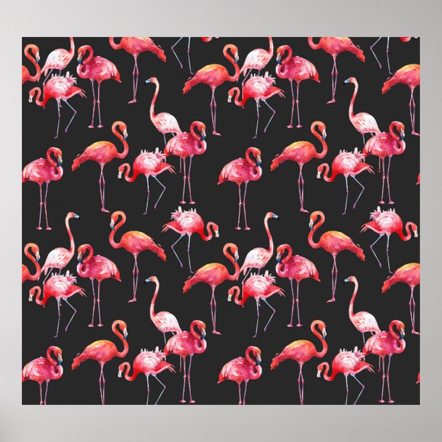 Poster Flamingo Rosa: Padrão Tropical de Aquarela. (Frente)