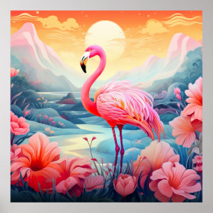 Poster Flamingo Rosa Tropical com Flores