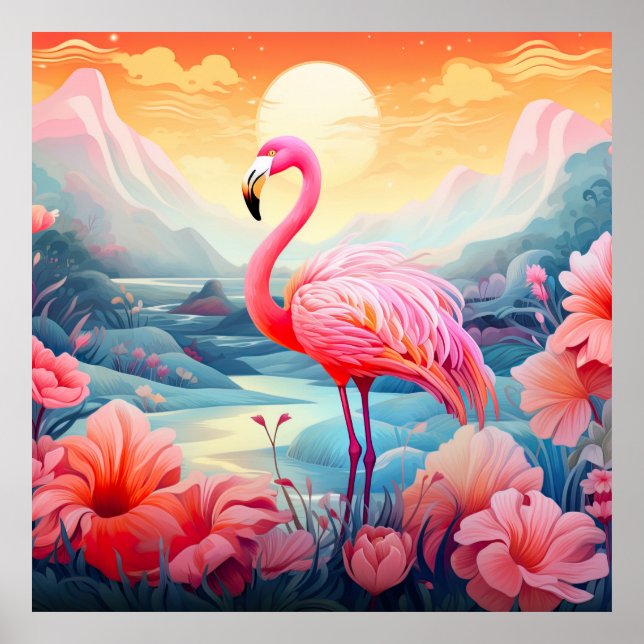 Poster Flamingo Rosa Tropical com Flores (Frente)