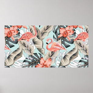 Poster Flamingo rosa tropical com flores de orquídeas e 