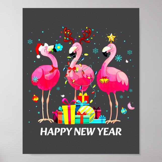 Poster Flamingo Santa Hat Happy New Year Light Long Sleev (Frente)