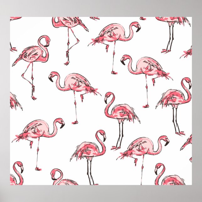 Poster Flamingo Sketch: Padrão de Vintagem Tropical. (Frente)
