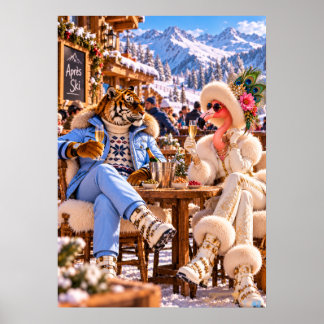 Poster Flamingo & Tiger in the Alps — Winter Après-Ski Po