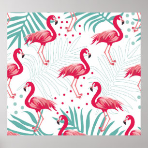 Poster Flamingo tropical e folhas, padrão de verão.