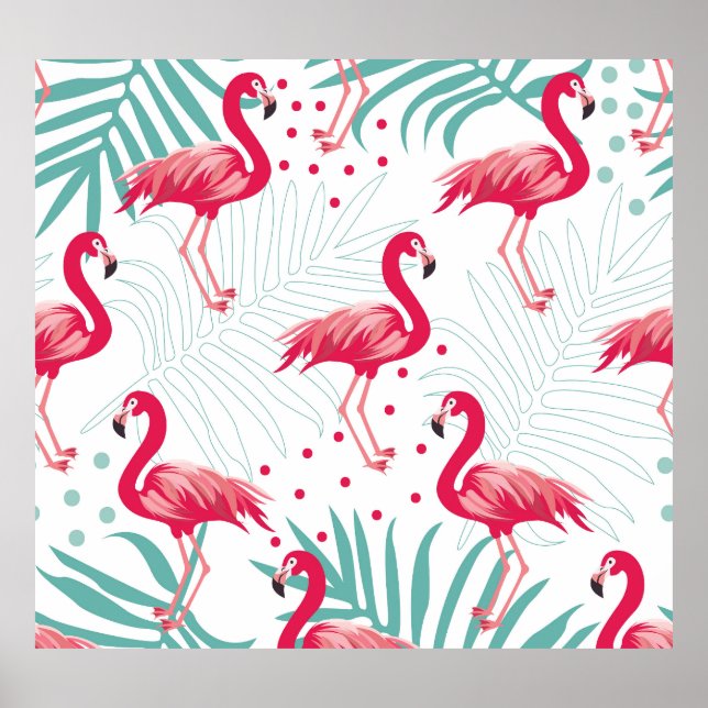 Poster Flamingo tropical e folhas, padrão de verão. (Frente)