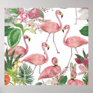 Poster Flamingo Tropical Leaves Watercolor Patterno