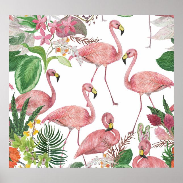 Poster Flamingo Tropical Leaves Watercolor Patterno (Frente)
