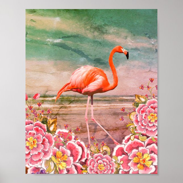 Poster Flamingo Tropical na Praia e Flores Rosa Oriental (Frente)