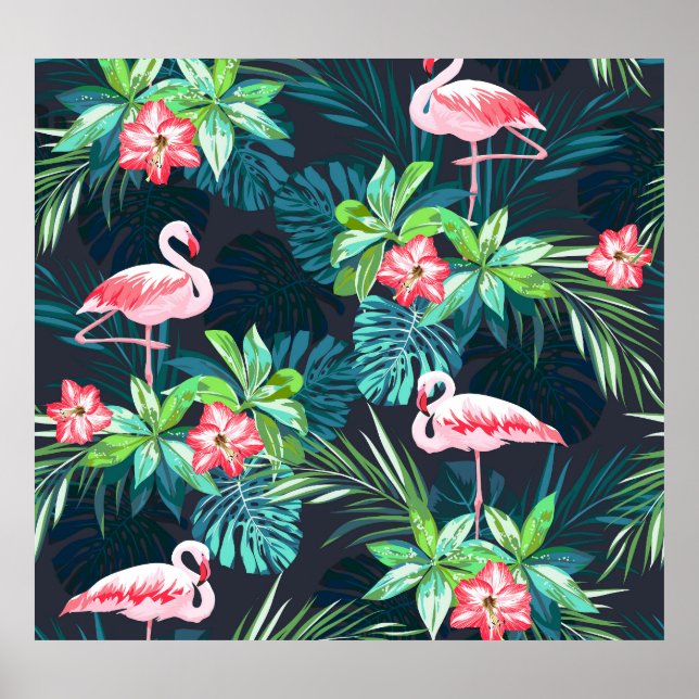 Poster Flamingo Tropical: Padrão de Flores de Verão (Frente)
