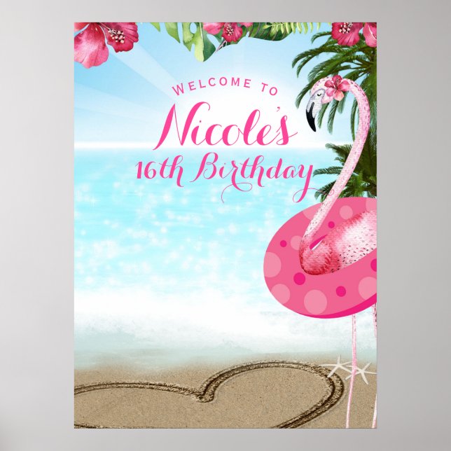 Pôster Flamingo Tropics Hibiscus Pink Chic Party Banner (Frente)