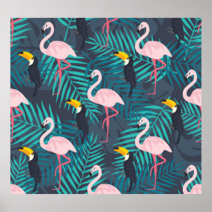 Poster Flamingo, tucano: padrão das folhas tropicais