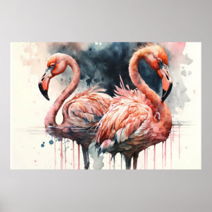 Poster Flamingos Aquarela Rosa Tropical
