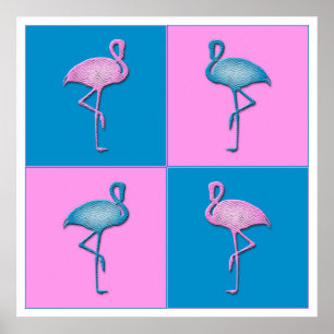 Pôster Flamingos azuis e cor-de-rosa