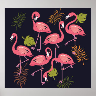 Poster Flamingos, colheita de aves tropicais.