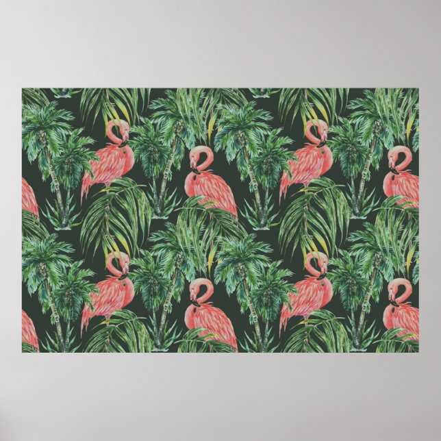 Poster flamingos cor-de-água, pássaros exóticos, tropicai (Frente)