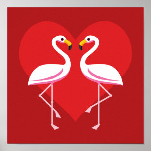 Poster Flamingos Cor-de-rosa branco-claro com coração ver