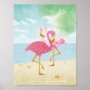 Poster Flamingos cor-de-rosa da aguarela na praia