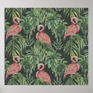 Poster flamingos cor-de-rosa, padrão de safra tropical.