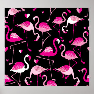 Poster flamingos cor-de-rosa, padrão sem costura escuro.
