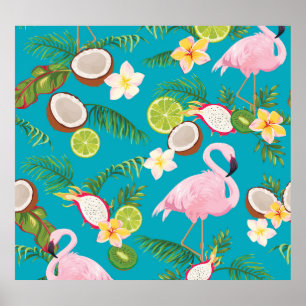 Poster Flamingos cor-de-rosa: padrão tropical sem costura