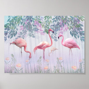 Poster Flamingos De Água, Cor De Água, Da Família Trop