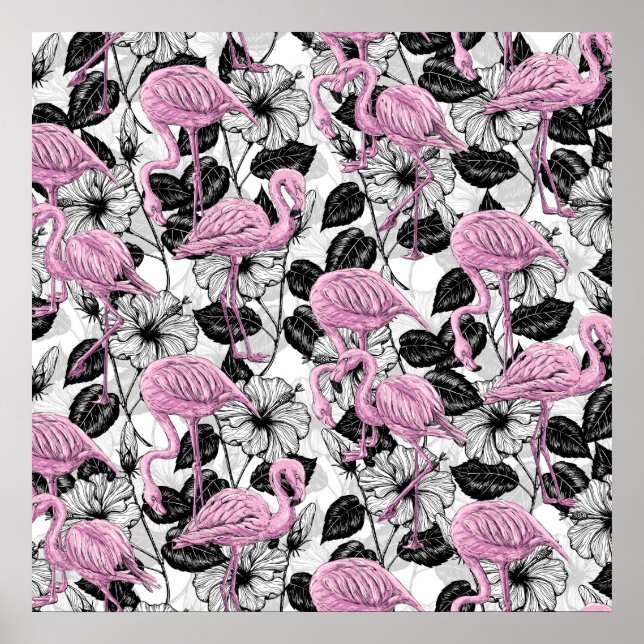 Poster Flamingos e flores de hibisco (Frente)