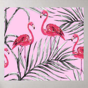 Poster Flamingos, padrão de vinheta de aquarela tropical.