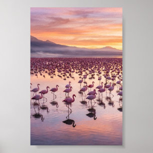 Poster Flamingos Rosa Anduvando pelo Lago Tropical Cartaz