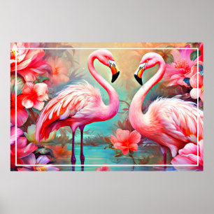 Poster Flamingos rosa em um lago com flores-20231