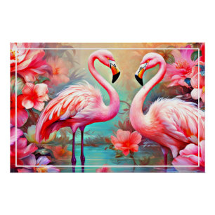 Pôster Flamingos rosa em um lago com flores-20231
