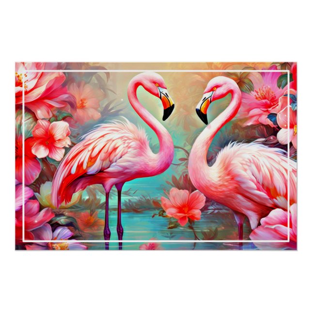 Pôster Flamingos rosa em um lago com flores-20231 (Frente)