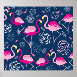 Poster Flamingos Rosa: Padrão Gráfico Escuro