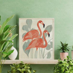 Poster Flamingos Rosa Plantas Verdes Aquarela Estiloso Di
