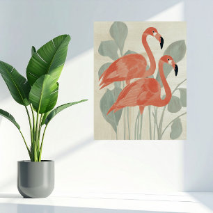 Poster Flamingos Rosa Plantas Verdes Aquarela Estiloso Di