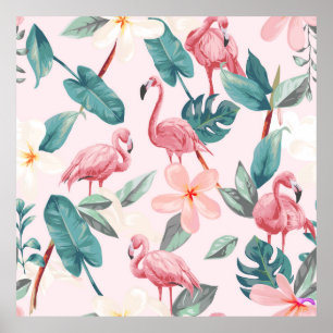 Poster flamingos sem costura e flores tropicais ilustrado