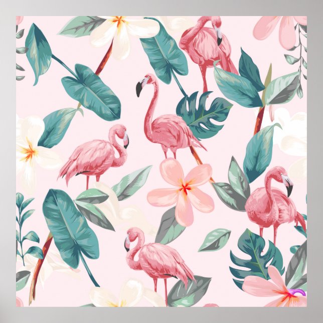 Poster flamingos sem costura e flores tropicais ilustrado (Frente)