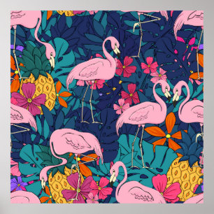 Poster Flamingos sobre fundo de folhas tropicais e f
