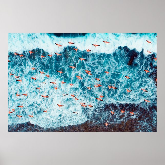 Poster Flamingos voando na praia do mar caribe, Lo (Frente)