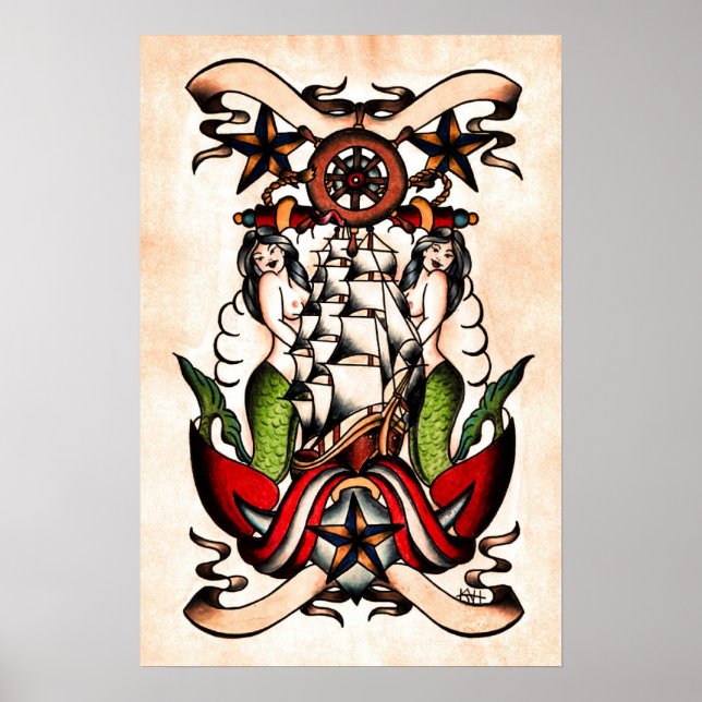 Pôster Flash de Tatuagem Marítima da Escola Antiga (Frente)