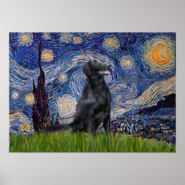 Pôster Flat Coated Retriever 1 - Noite Estrelada (Frente)