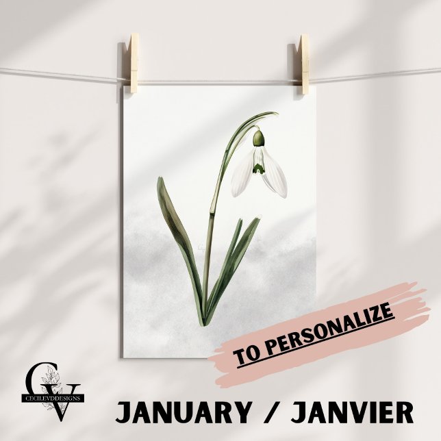 Poster Fleur de février aquarelle botanique perce-neige (Fleur de Naissance du mois de Février : Le Perce Neige)