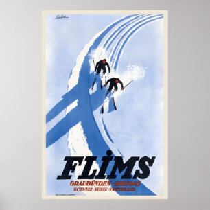 Poster Flims Graubünden Cantão de Grisões Esqui Antigo