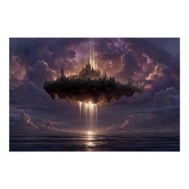 Pôster Floating Fantasy Castle Cloud Beams Glow (Frente)