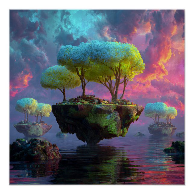Pôster Floating Turquoise Tree Islands Neon Sky (Frente)