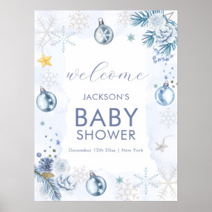 Poster Floco de Neve Azul Flor Chá de Bebê de Inverno Bem