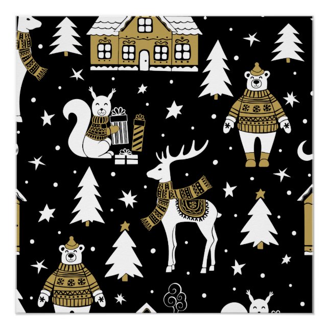 Pôster Flocos de neve de Natal preto e branco (Frente)