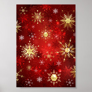 Poster Flocos de neve do Ouro de Natal em Fundo Vermelho