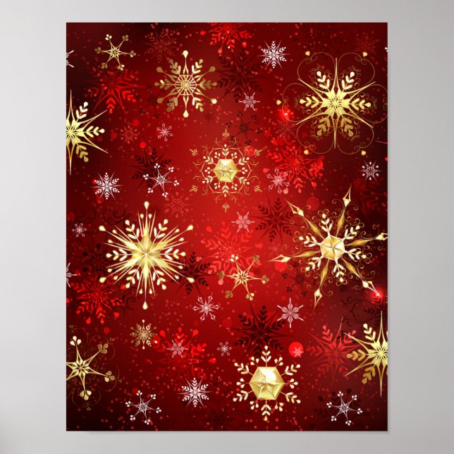 Poster Flocos de neve do Ouro de Natal em Fundo Vermelho (Frente)